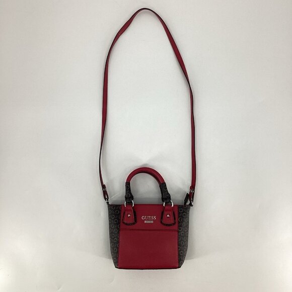 GUESS Small Crossbody Purse Mini Handbag Adj Strap Tote Red/Black Faux Leather - Picture 4 of 11